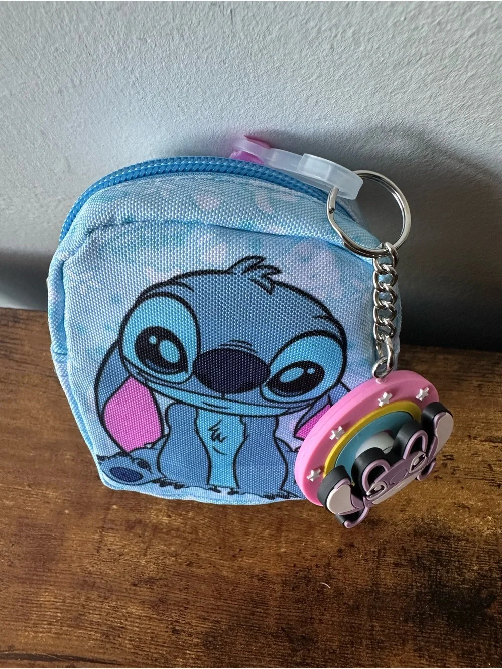 Kids Blue Stitch Bag Charm Keychain Pouch w/ Angel Spinning Keychain Charm NWOT